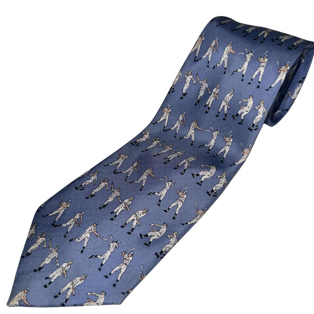 Vintage ALYNN Silk Necktie Baseball Players Sports Novelty Print Blue Tie